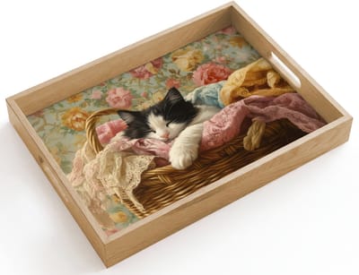 Dienblad hout 40x30 cm - Schootdienblad - Kat - Bloemenprint - Rieten mand - Borrelplank rechthoek - Plateau dienbladen