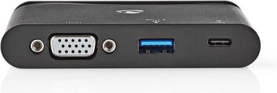 Nedis USB Multi-Port Adapter - USB 3.1 - USB-C Female - USB-A Female / USB-C Female / VGA Female 15p - Rond - Vernikkeld - Zwart - Window Box met Euro Lock