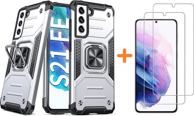 Hoesje Geschikt Voor Samsung Galaxy S21 FE Hoesje Heavy Duty Armor Hoesje Zliver - Galaxy S21 FE Case Kickstand Ring cover met Magnetisch Auto Mount- Hoesje Geschikt Voor Samsung Galaxy S21 FE screenprotector 2 pack