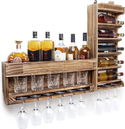 Bevlamd hout wand wijnrek pallet met kurkhouder voor whiskyglazen - vintage cadeau voor huisbar Wijnrek
