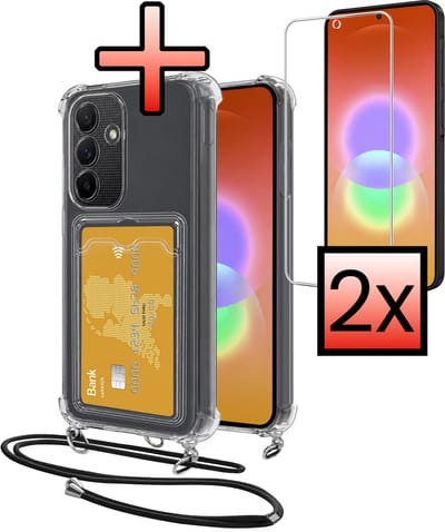 Hoes Geschikt voor Samsung Galaxy A27 Hoesje Pasjeshouder Cover Met Koord Shock Proof Case Siliconen Hoes Met Telefoonkoord en Kaarthouder Met 2x Screenprotector - Transparant