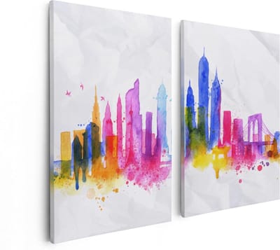 Artaza Canvas Schilderij Tweeluik Kleurrijk New York Van Aquarel - Abstract - 80x60 - Foto Op Canvas - Canvas Print