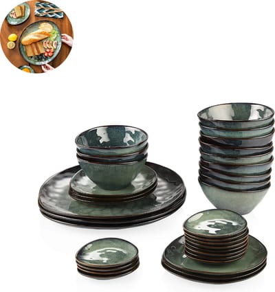 Luxe Serviesset – 33 delig – Porselein - Bordenset – Serveerschaal – Dessertborden - Kommen - Schotel - Groen
