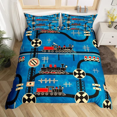 Vintage Stoomtrein Dekbedovertrek Cartoon Klassiek Spoorweg Retro Beddengoed Set Cadeau voor Meisjes Jongens Reis Locomotief Trein Bed Overtrek AU Single(140*210cm)3pcs