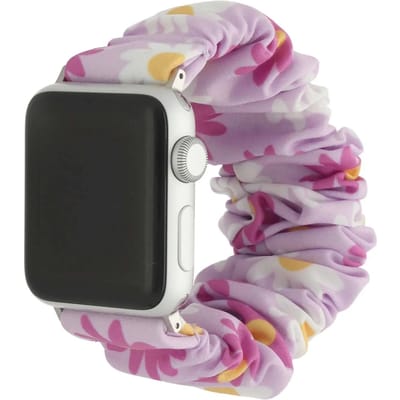 123watches bandje Bloomsy - scrunchie - nylon - bloemen paars - 38 · 40 · 41 & 42 mm · S/M - Geschikt voor Apple Watch series 1/2/3/4/5/6/7/8/9/10/11/12/SE/SE2/SE3