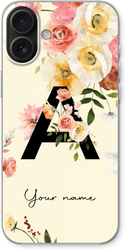 Gepersonaliseerd - Case Company® - Hoesje geschikt voor iPhone 16 Plus hoesje - Flirty Flowers Monogram - Soft Cover Telefoonhoesje - Bescherming aan alle Kanten en Schermrand