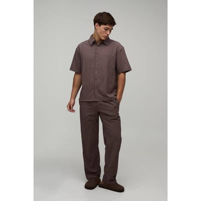 Gestreepte Seersucker Oversized Shirt & Relaxed Broek Set | Chocolate | Size XS