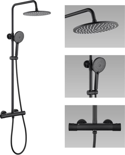 Auralum max - Regendouche met Thermostaatkraan - Regendouche en Handdouche - 10 inch Douchekop - In hoogte verstelbaar - Rond Design - Zwart