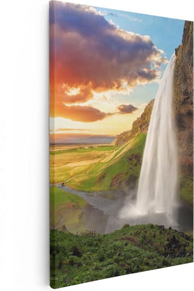 Artaza Canvas Schilderij Zonsondergang - 20x30 cm - Klein - Wanddecoratie Landschap - Muurdecoratie Natuur - Kamer Accessoires Waterval IJsland