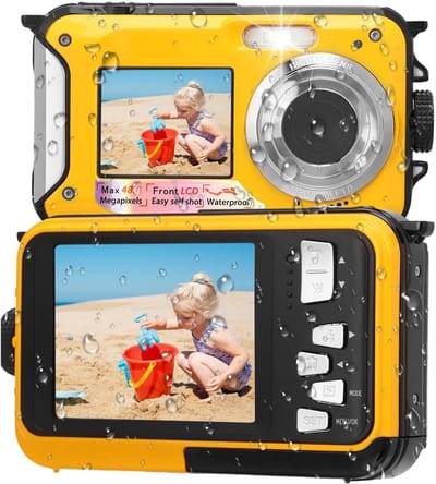 SnelShoppen - Onderwatercamera 11FT Waterdicht, Full HD 2,7K 48MP Autofocus Selfie Camera met Dubbel Scherm en Drijvende Riem - Perfect voor Snorkelen