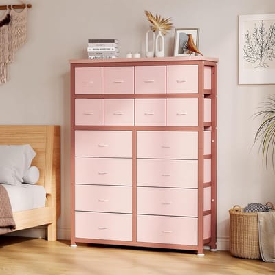 Ladekast met 16 Laden - Opbergkast voor Slaapkamer, Woonkamer & Gang - Met Houten Blad - Ruimtebesparend Verticaal Ontwerp - 101 x 30 x 130 cm - roze