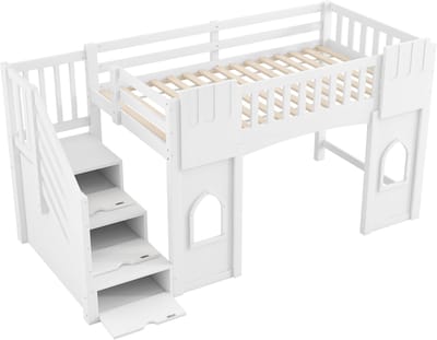 Hoogslaper 90x200 cm - Witte hoogslaper met opbergruimte - Vaste trap met 3 vakken - Twee ramen - Voor de kinderkamer