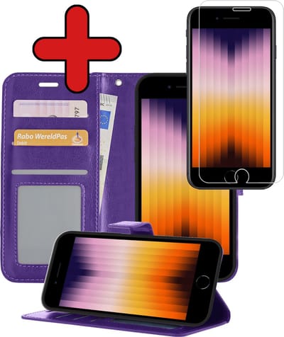 Hoesje - Met Screenprotector - Geschikt voor Apple iPhone SE (2022) - Luxe Pasjeshouder - Flipcase - Bookcase Portemonee - Flip Case - Kunstleer Book Case - Book Cover - Walletcase - Portemonneehoes - Telefoonhoes - Paars