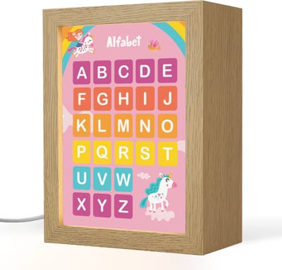 Nachtlampje 15x20 cm - Kinder lampje - Alfabet - Educatief - Letters leren voor kinderen - Roze - Eenhoorn - Tafellamp kinderkamer - Slaapkamer lamp - Bedlamp kinderen - Kinderlampje stopcontact - Wandlamp babykamer - Nachtlampjes