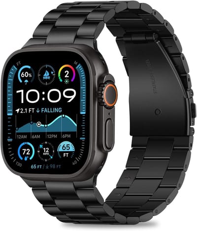 Stravo Titanium Schakelbandje voor Apple Watch – Metalen Horlogebandje – Geschikt voor Apple Watch 49mm (Ultra 1/2/3), 46mm (Series 10/11), 45mm (Series 7/8/9), 44mm (Series 4/5/6, SE 1/2/3) – Zwart