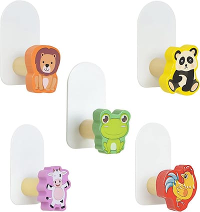 Dieren wandhaken voor kinderen, zelfklevende haakjes voor kleding, handdoeken en accessoires, 5 stuks