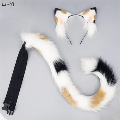 2 stuks/set Calico Kattenoortjes Staart Schattig Zwart-witte Kattenoortjes Hoofddeksel Tabby Kat Staart Dier Cosplay Accessoires Pluche Haaraccessoires ear and tail white