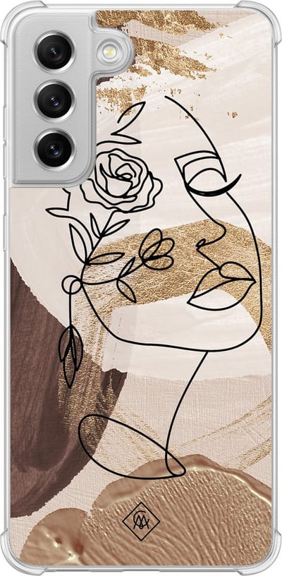 Casimoda® hoesje - Geschikt voor Samsung Galaxy S21 FE - Abstract Gezicht Bruin - Shockproof case - Extra sterk - Siliconen/TPU - Bruin/beige, Transparant