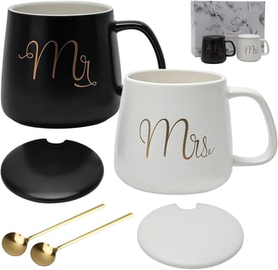 Set van 2 Keramische Koffiemokken met Lepels voor Koffie, Thee en Water - Perfect voor Valentijnsdag, Bruiloften en Feestdagen