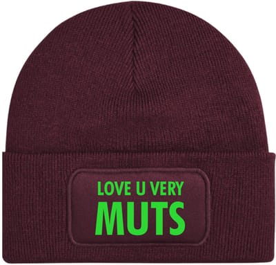Love u very muts wintermuts burgundy | fluor groen - soBAD. | Wintersport | Après ski verkleedkleren | Unisex | Heren en Dames Beanie