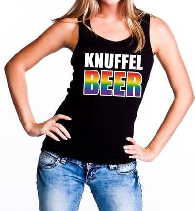 Knuffel beer gaypride tanktop - zwart regenboog singlet voor dames - gaypride S