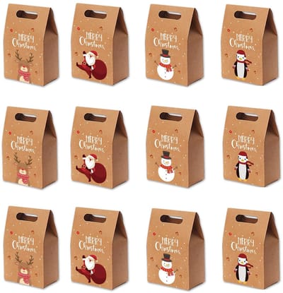 Dailygoods- Geschenkdozen 12 Stuks - Kraftpapier - Kerstpatronen (Kerstman/Eland/Sneeuwpop/Pinguïn) - Decoratie voor Cadeaus - Feestelijke Sfeer - Perfect voor Snoep en Kleine Geschenken - Cadeauverpakking