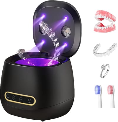 KZQ Ultrasoon Beugelreiniger Met Uv Sterilisator - 45kHz Gebitsreinigingsmachine Voor Beugels Gebitsbeschermers En Sieraden - Draagbaar 200ml Herlaadbaar - Zwart