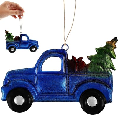 Dailygoods- Kersthanger Blauw - Plaatstaal - Autonaam - Uniek Ontwerp - 13 x 9 x 1 cm - Vrolijke Sfeer - Kerstdecoratie