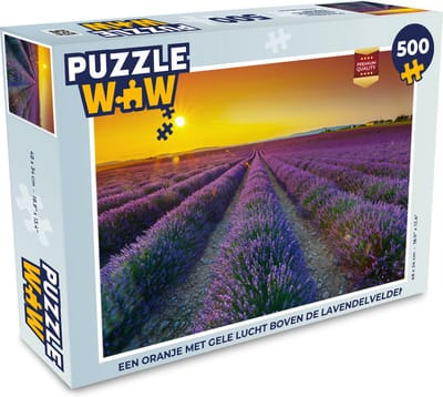 Puzzel Een oranje met gele lucht boven de lavendelvelden - Legpuzzel - Puzzel 500 stukjes