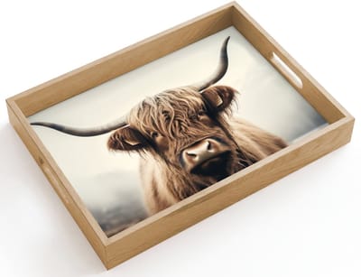 Dienblad hout 40x30 cm - Schootdienblad - Schotse hooglander - Hoorns - Landschap - Borrelplank rechthoek - Plateau dienbladen
