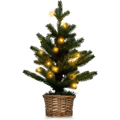 Coast Verlichte Kunstmatige Minikerstboom in Pot – 48 cm Hoog – Groen/Natuur – 96 Takuiteinden – 20 Warmwitte LED Lampjes – Timer – Rieten Pot