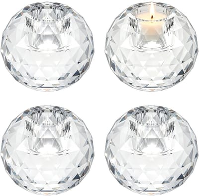 Dailygoods- Kandelaars Set van 4 - Ronde Kristallen Theelichthouders - Glazen Kandelaarset - Woonaccessoires - 4,8 x 6 cm - Handgemaakt en Transparant