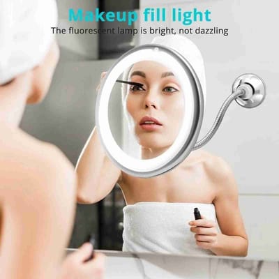 Make-upspiegel met LED-licht en Zuignap 360 Graden Draaibaar Flexibele 10x Vergrotende Spiegel Reizen en Thuis Badkamer wit
