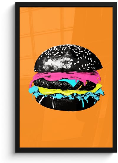 Poster in lijst - Fotolijst 40x60 cm - Posters - Hamburger - Oranje - Neon - popart - Posterlijst zwart - Decoratie - Wanddecoratie woonkamer - Muurdecoratie slaapkamer