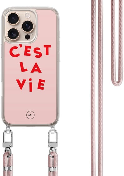 Hoesje met koord geschikt voor iPhone 16 Pro Max - C'est la vie - Inclusief zwart koord - Crossbody beschermhoes - Transparant, Roze - Mooie Telefoonhoesjes