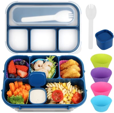 Bento Box - Kinderlunchbox - 1300ML Bento Box Lunchbox voor volwassenen - met 4 compartimenten - met cakebeker - Lekvrij - Blauw