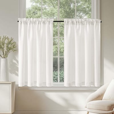 Keukengordijnen Kort - Vitrage Gordijnen - Privacy Creëren - Wafelpatroon Design - 90 x 115 cm - Wit