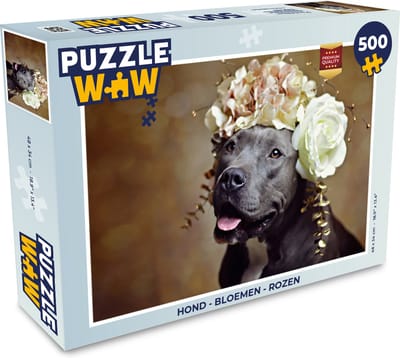 Puzzel Hond - Bloemen - Rozen - Legpuzzel - Puzzel 500 stukjes
