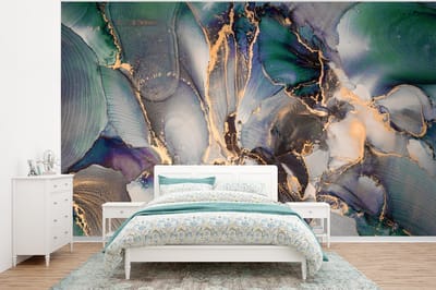 Behang - Fotobehang Goud - Blauw - Marmer - Breedte 295 cm x hoogte 220 cm