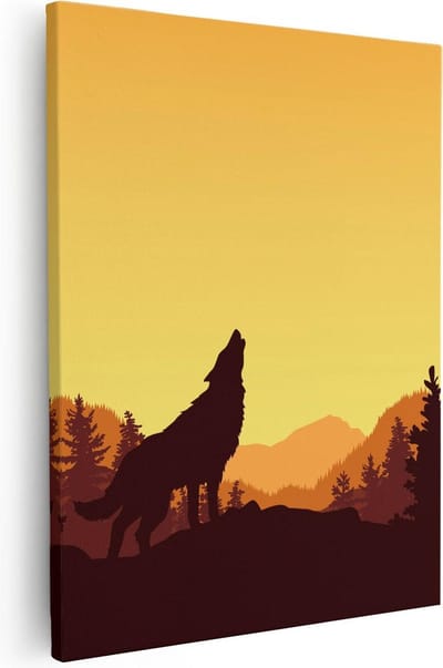 Artaza Canvas Schilderij Huilende Wolf - 40x50 cm - Wanddecoratie Bos - Muurdecoratie Bergen - Schilderijen Op Canvas