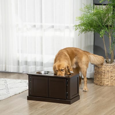 HAUSS SPOLE Voerbak – Verhoogde Voerplek Met Opbergruimte – 60 x 30 x 34 cm – MDF En RVS – Coffee – Voor Grote Honden Met 2 Schalen