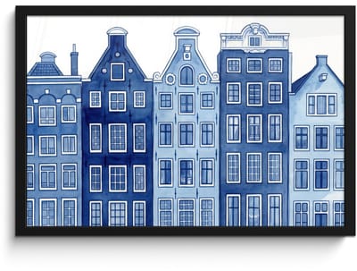 Poster in lijst - Fotolijst 60x40 cm - Posters - Aquarel - Grachtenpanden - Delfts - Blauw - Posterlijst zwart - Decoratie - Wanddecoratie woonkamer - Muurdecoratie slaapkamer