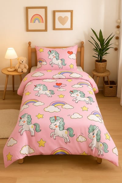 Eenpersoons Dekbedovertrek 140 x 200 - Unicorn - Eenhoorn - Roze - Goede Kwaliteit - Meisjes