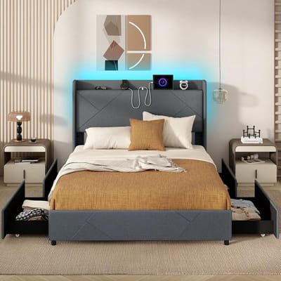COSTWAY Dubbel bedframe incl. LED-verlichting, gewatteerd platformbed met laadstation, 2 opbergvakken & 4 laden, bedframe met vleugelhoofdeinde, bedframe grijs (200 x 160 cm)