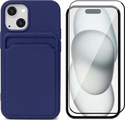 Hoesje Pasjeshouder geschikt voor iPhone 15 - Screenprotector FullGuard - Siliconen Case Back Cover Blauw & Screen Protector