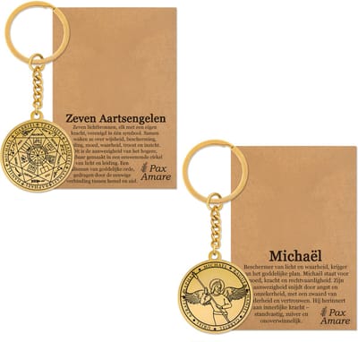 Aartsengel Michaël Sleutelhanger Bundel - Goudkleurig - Set van 2 Beschermengel Sleutelhangers - Spiritueel Medaillon - Pax Amare