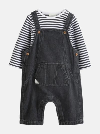 Next - Jongens - Set voor baby's van denim tuinbroek en rompertje - Grijs