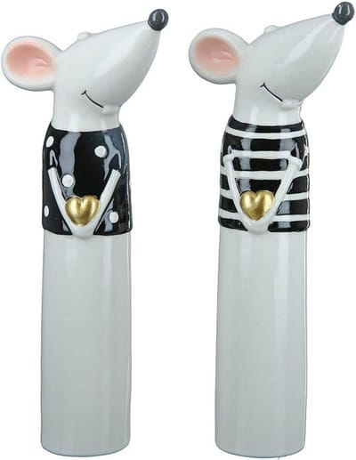 Porseleinen Muizen - Set van 2 - Huis Decoratie - Liefdevolle Details - 11 x 25 cm - Goud Zwart Wit