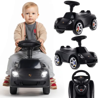 sun baby Loopauto voor kinderen vanaf 18 maanden – Porsche Carrera GT – stuur met knoppen, koplampen, realistische stickers, tot 30 kg, zwart