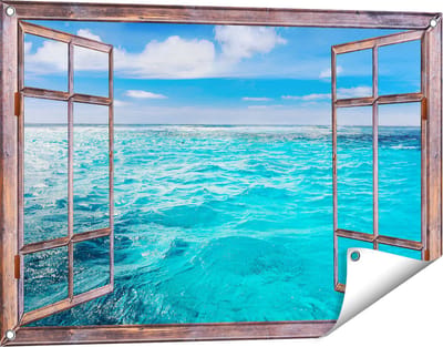 Gards Tuinposter Doorkijk Blauwe Caribische Zee Water - 90x60 cm - Tuindoek - Tuindecoratie - Wanddecoratie buiten - Tuinschilderij